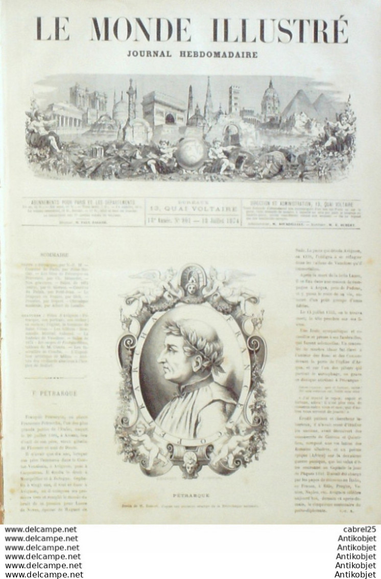 Le Monde Illustré 1874 N°901 Petrarque Fontaine De Vaucluse (84) Espagne Madrid Maréchal Concha Belfort (90) - 1850 - 1899