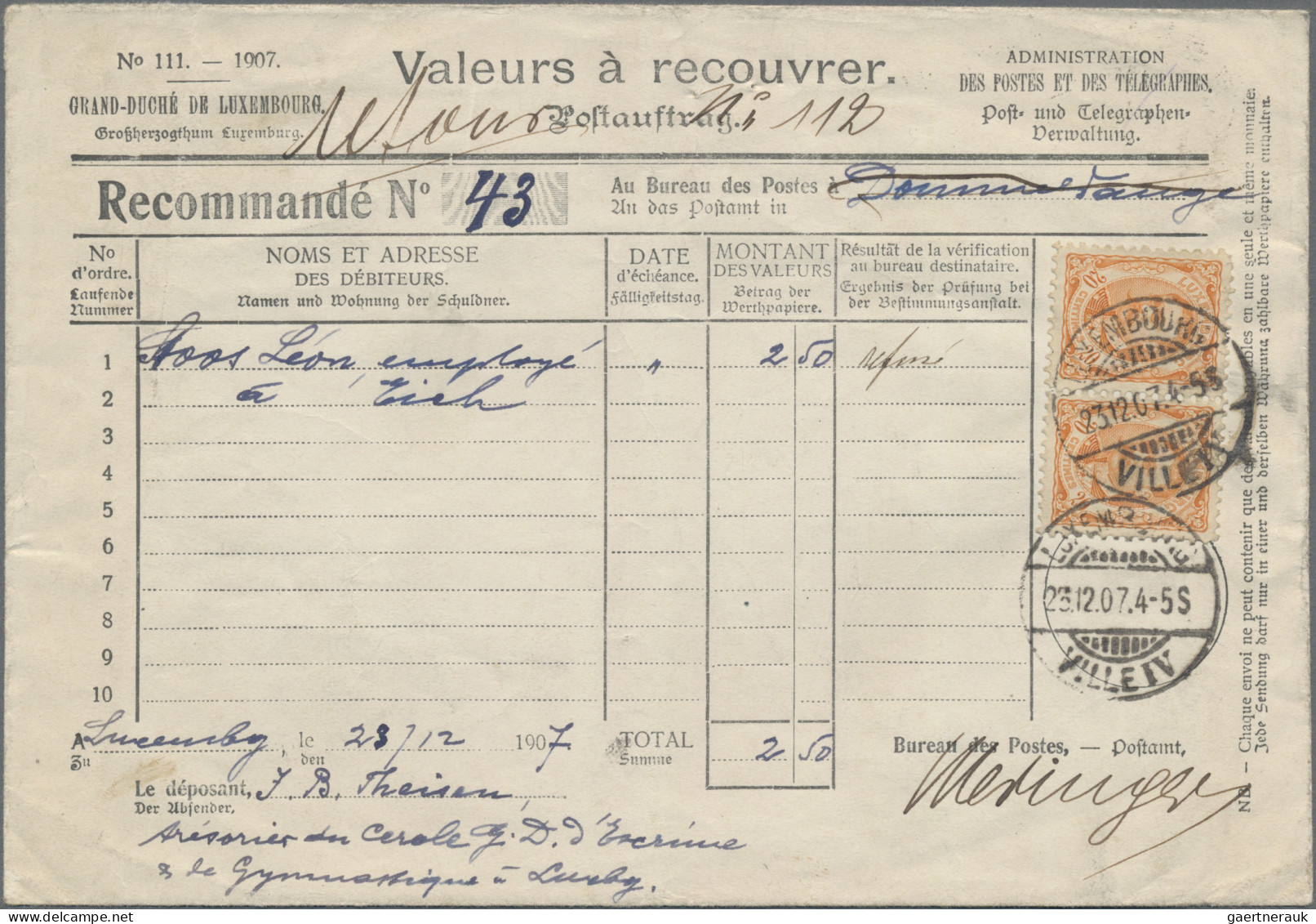 Luxembourg: 1907: Reko-Nachnahme-Postauftrag Vom 23.12. Von Luxembourg-Ville Nac - Autres & Non Classés