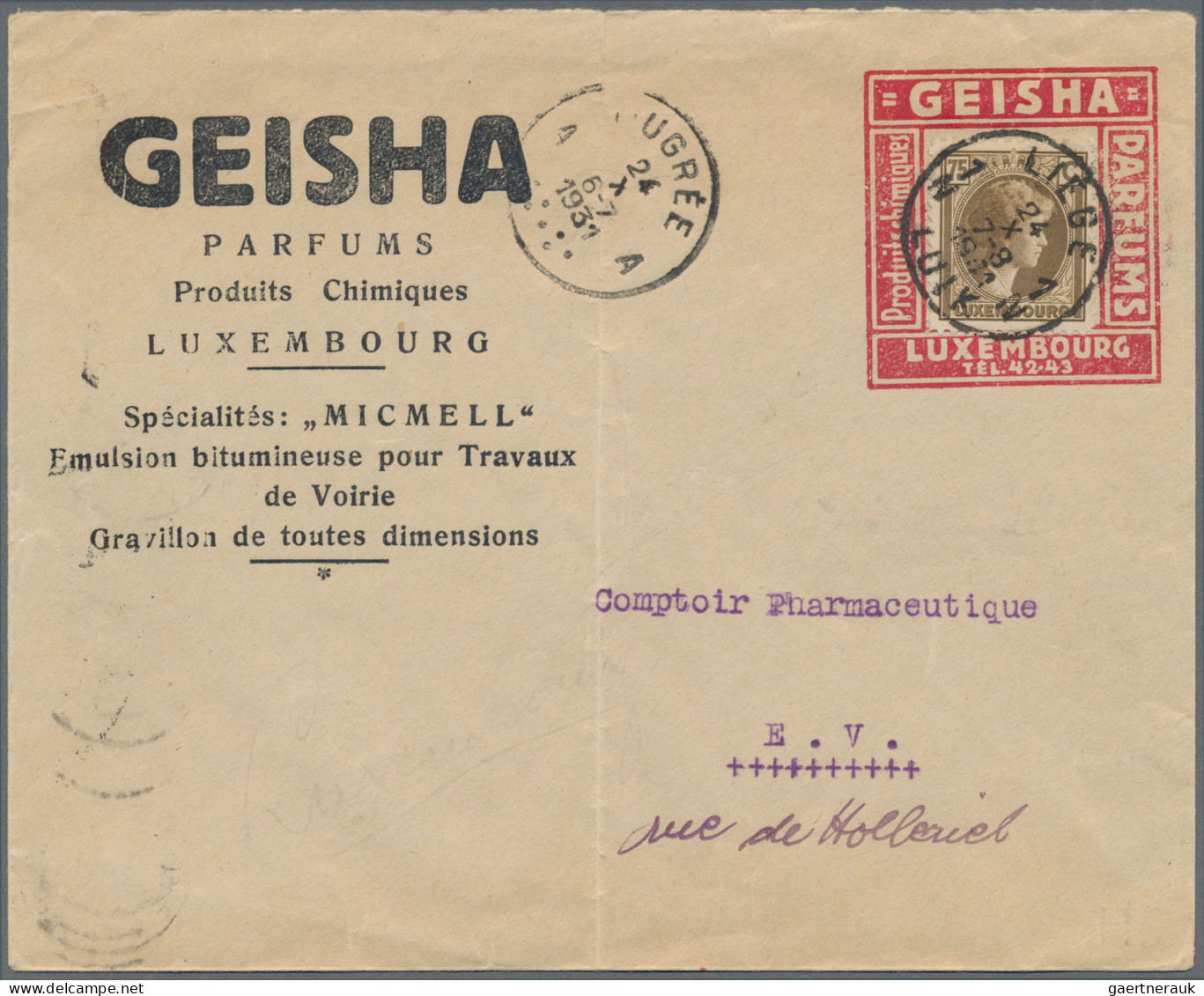 Luxembourg: 1931 Advertising Envelope For "Geisha Parfumes" Franked By 1927 75c. - Other & Unclassified