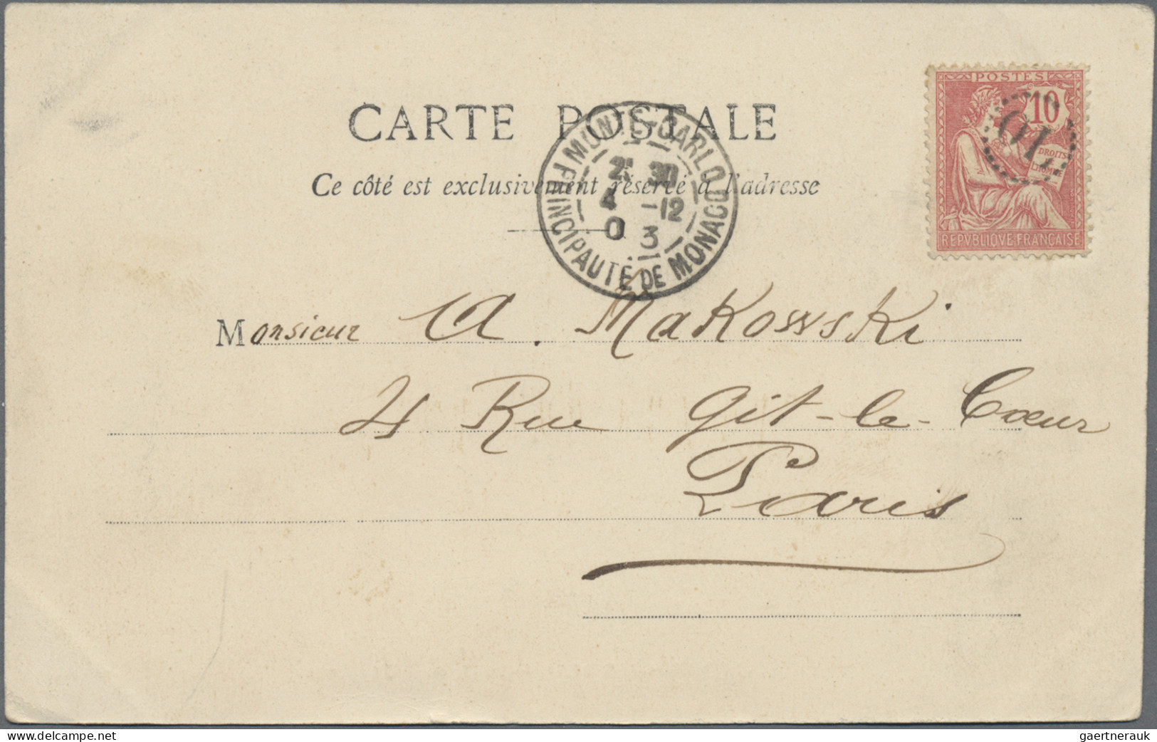 Monaco: 1903, Ppc "MONTE CARLO - Casino Et Jardins" Bearing France Mouchon 10c. - Otros & Sin Clasificación