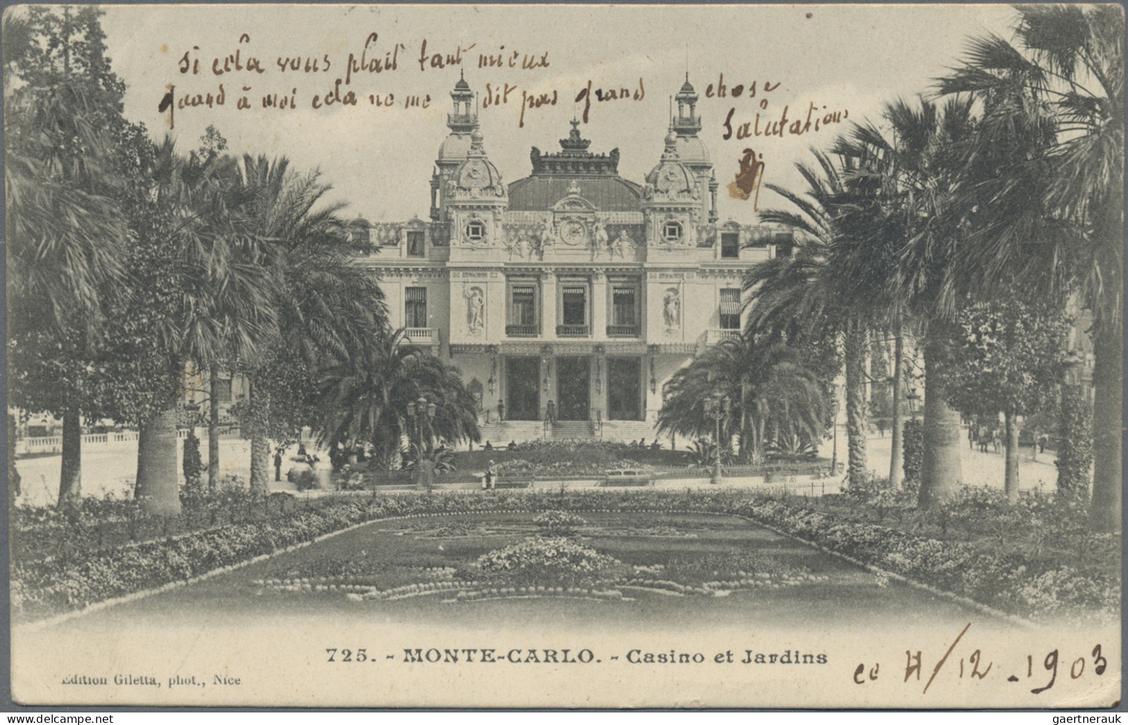 Monaco: 1903, Ppc "MONTE CARLO - Casino Et Jardins" Bearing France Mouchon 10c. - Other & Unclassified