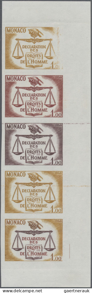 Monaco: 1984, 1 Fr Human Rights, Colour Proofs As Imperforated Strip Of 5 With S - Otros & Sin Clasificación