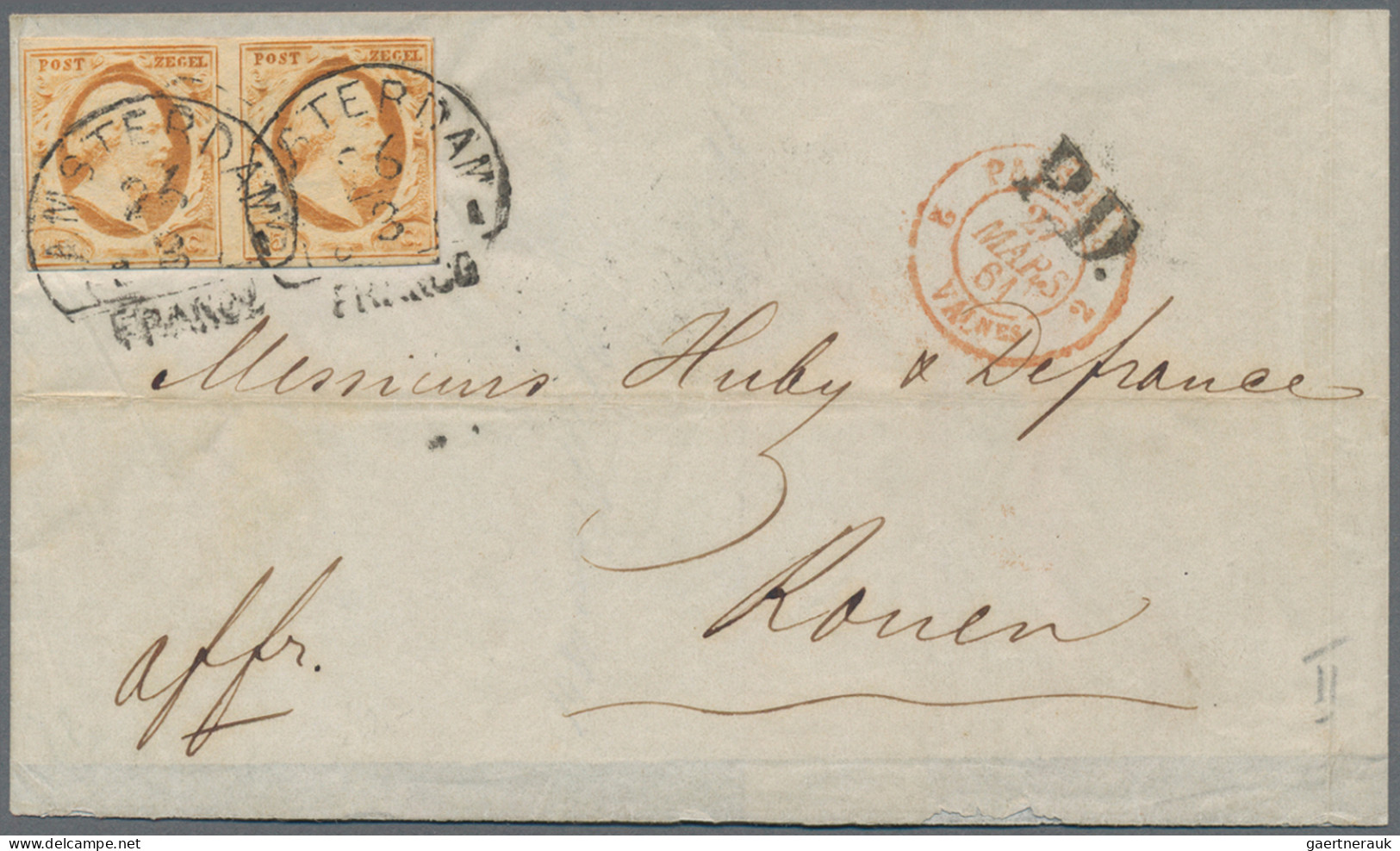 Netherlands: 1852, 15 C Orange, Horizontal Pair, Tied By "AMSTERDAM 26/3 FRANCO" - Sonstige & Ohne Zuordnung