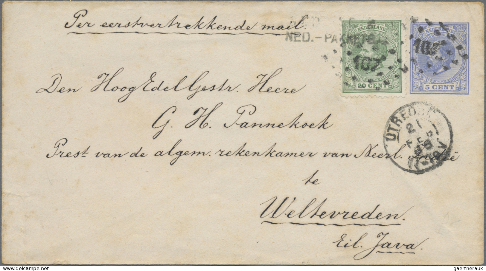 Netherlands: 1888, 5 C William III Blue Postal Stationery Envelope, With 20 C Gr - Covers & Documents