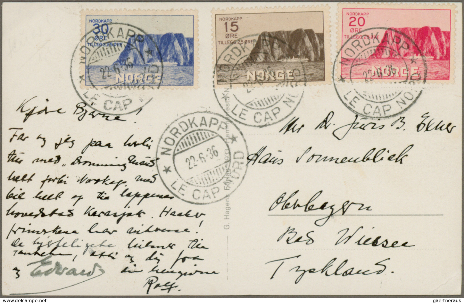 Norway: 1930, NORDKAPP 1st Issue, Complete Set Of 3 Stamps, Tied By Bilingual Cd - Cartas & Documentos