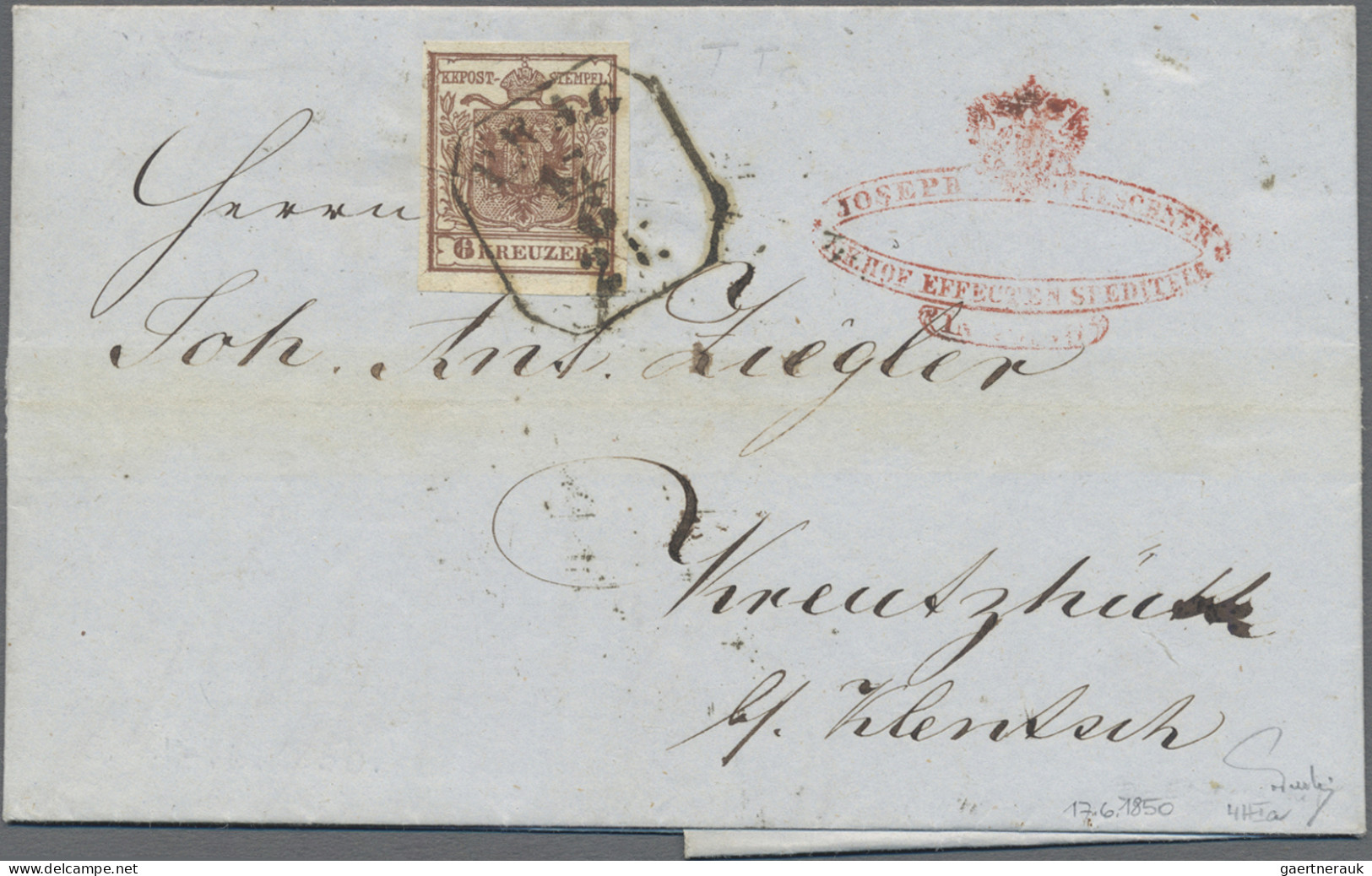 Österreich: 1850, 6 Kr. Braun, Handpapier, Type Ia, Tadelloses Prachtstück (link - Storia Postale