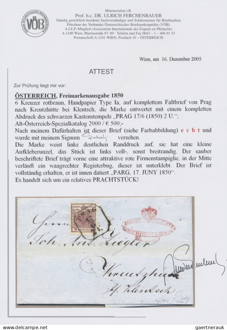 Österreich: 1850, 6 Kr. Braun, Handpapier, Type Ia, Tadelloses Prachtstück (link - Covers & Documents