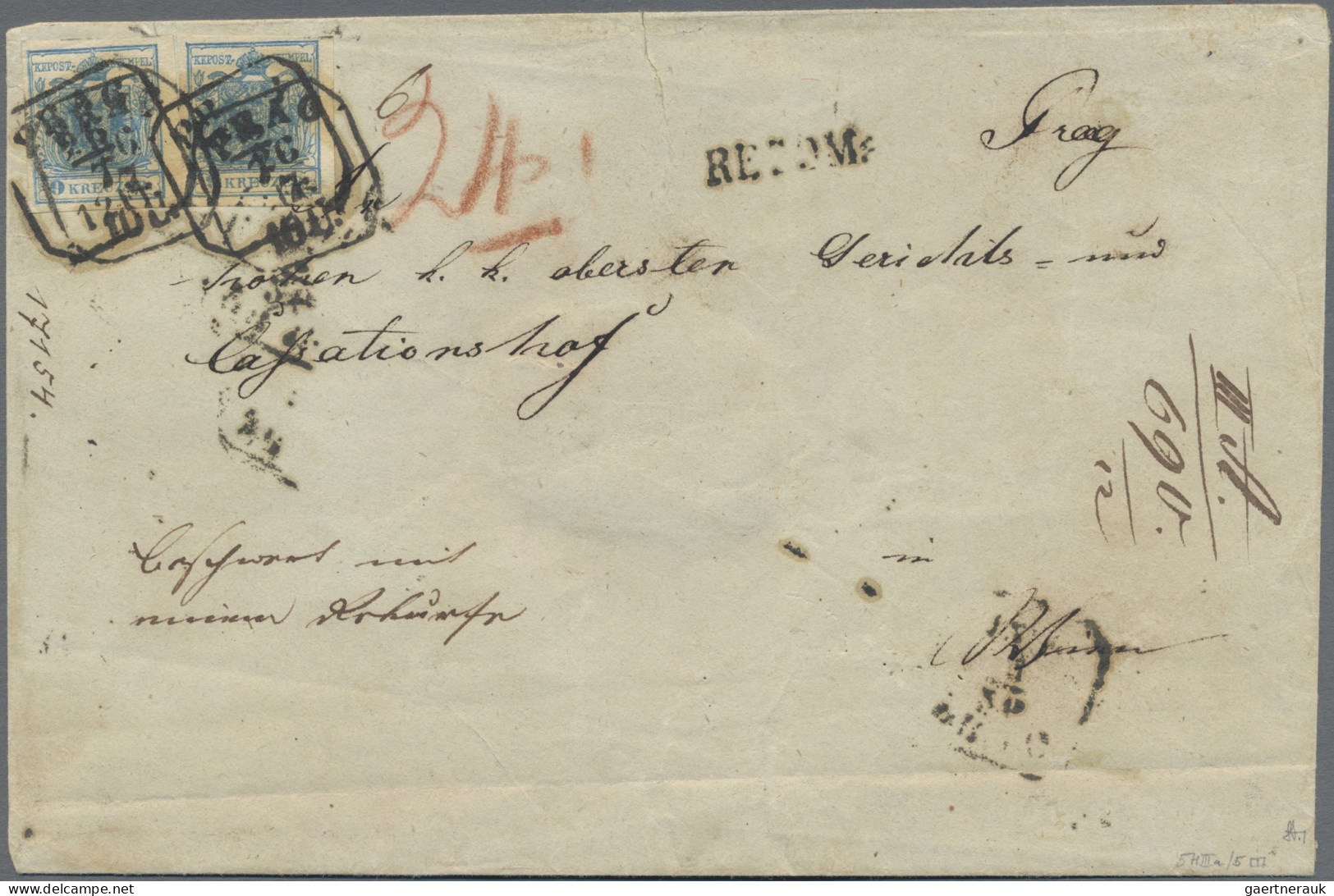 Österreich: 1850, 9 Kr. Blau, Handpapier, Type IIa, Waagerechtes Paar (Vortrenns - Lettres & Documents