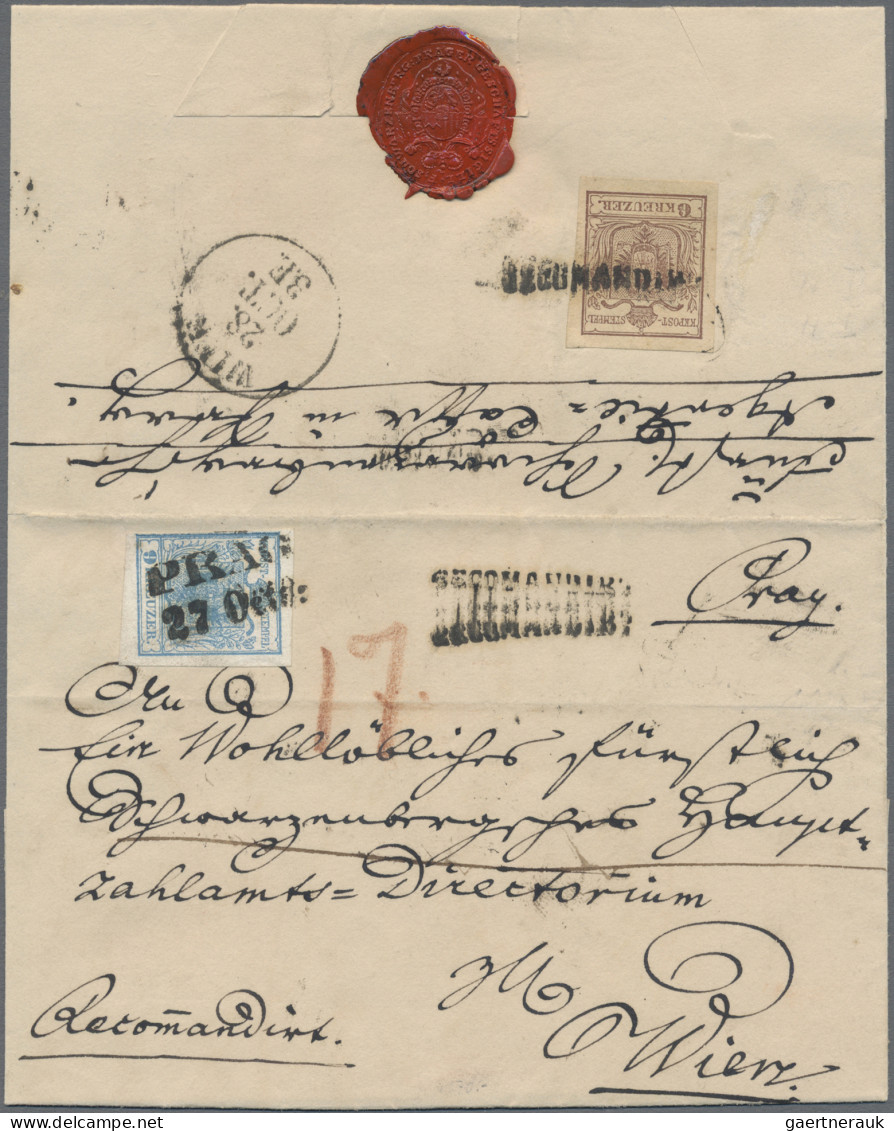 Österreich: 1850, 9 Kr. Blau Sowie Rückseitig Geklebt 6 Kr. Braun, Je Handpapier - Brieven En Documenten
