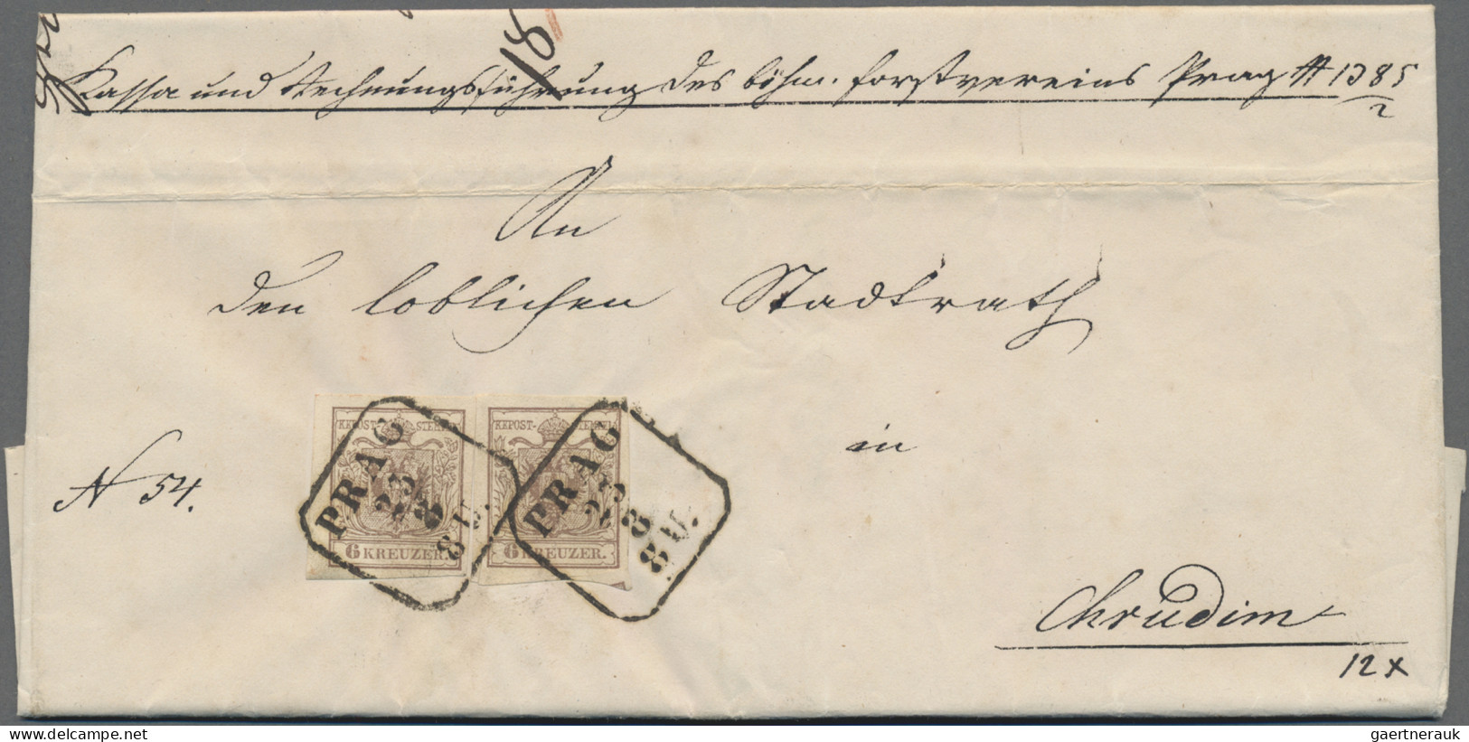 Österreich: 1850, 6 Kr. Braun, Maschinenpapier, Senkrechtes Paar, Type II Sowie - Briefe U. Dokumente