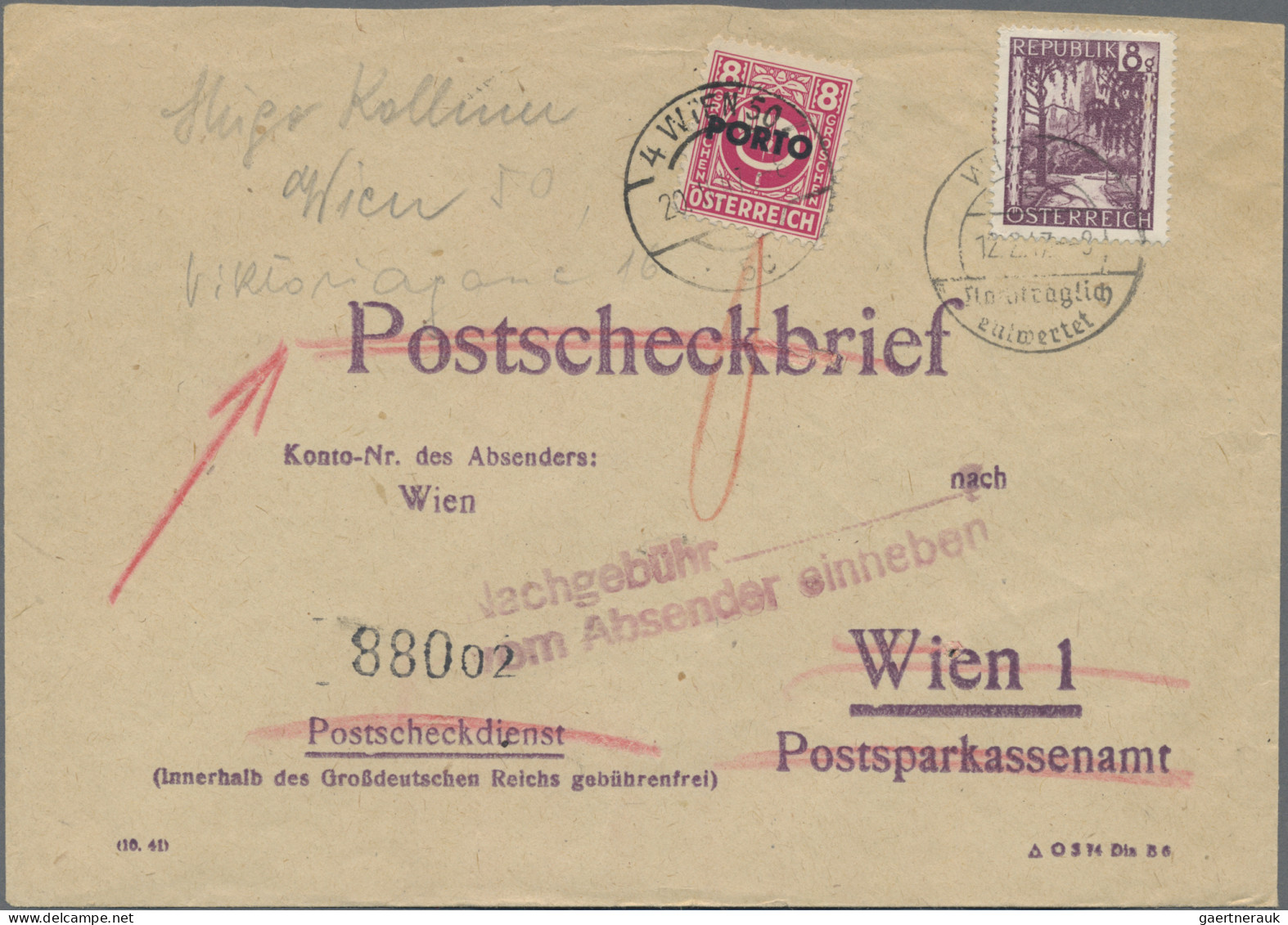 Österreich: 1947, 8 G Als EF Auf Postscheckbrief Von Wien Entwertet Mit Nachträg - Lettres & Documents