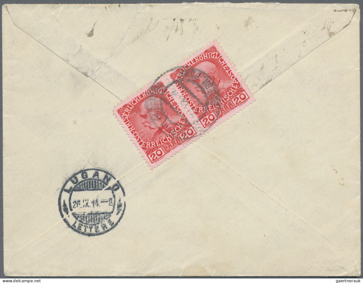 Österreichische Post In Der Levante: 1914, 4 X 20 Pa Rot Auf Rosa, Paarweise Vor - Oostenrijkse Levant
