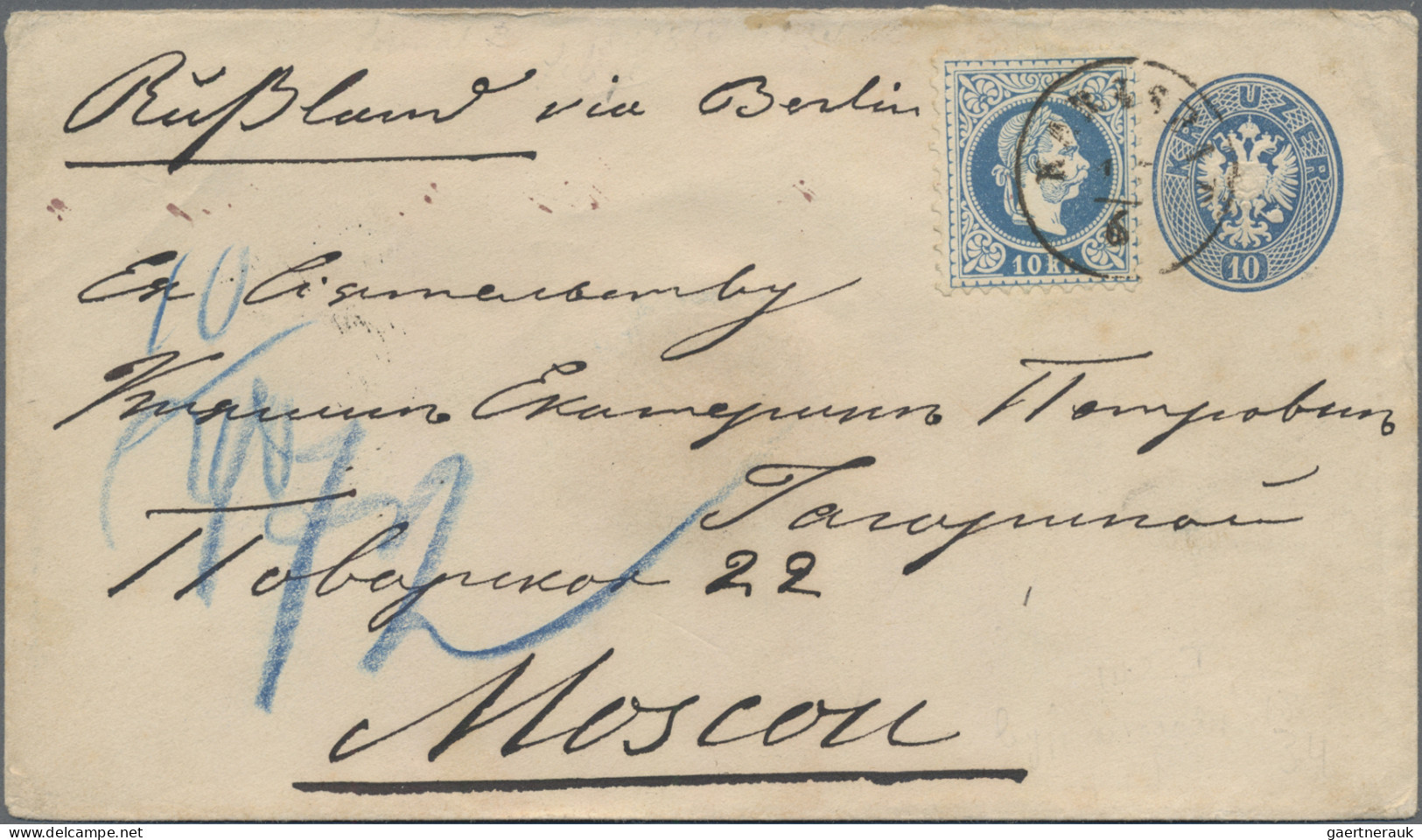 Österreich - Ganzsachen: 1865/1868, 10 Kr Blau Doppeladler Ganzsachenumschlag Mi - Other & Unclassified