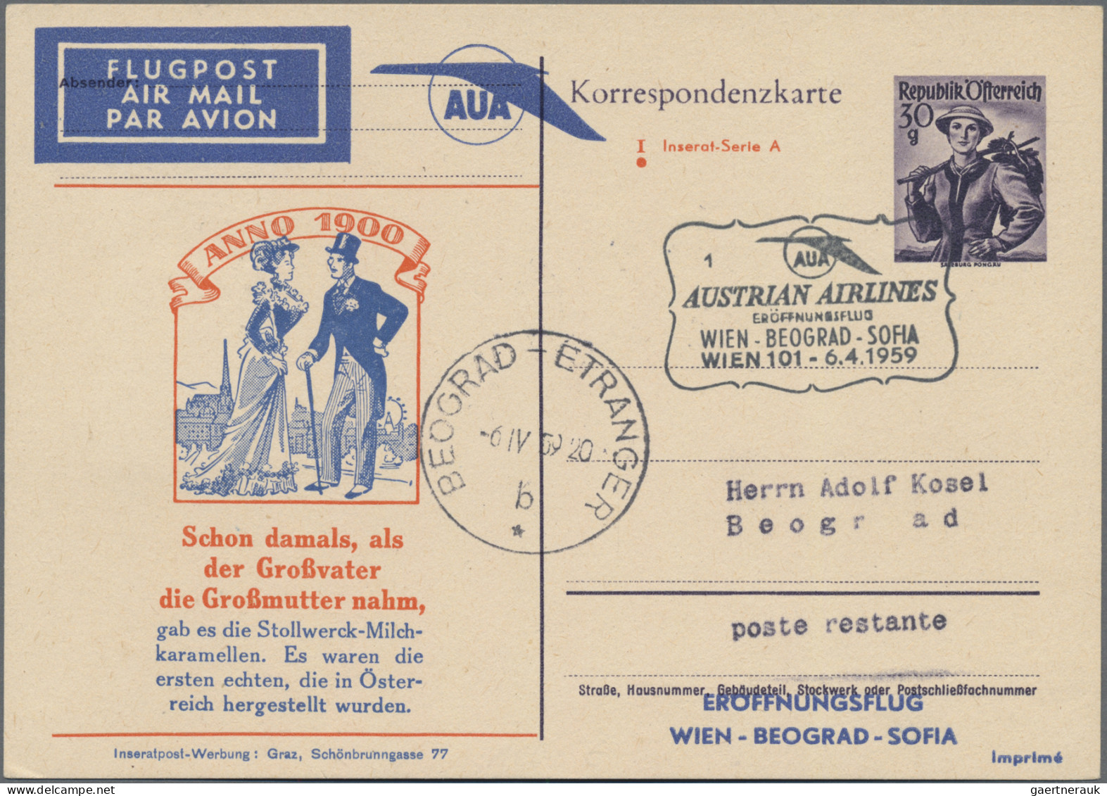 Österreich - Privatganzsachen: 1950, fünf Ganzsachenkarten Trachten 30 Gr. viole