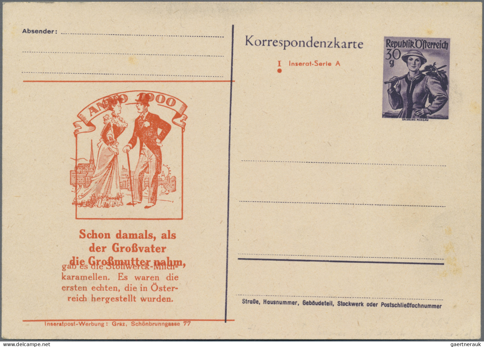 Österreich - Privatganzsachen: 1950, fünf Ganzsachenkarten Trachten 30 Gr. viole
