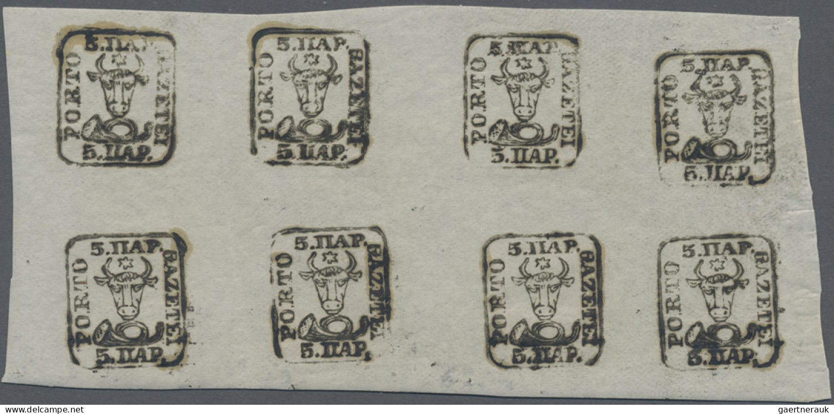 Romania: 1858, 5 Par Black On White, Decorative Block Of Eight, Mint Never Hinge - Ongebruikt