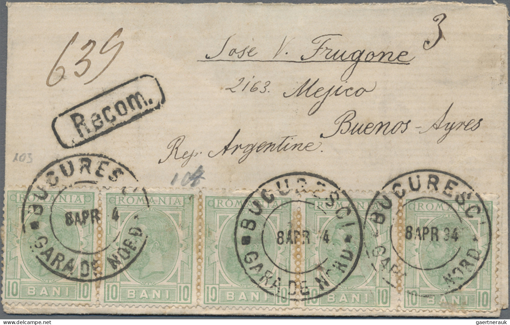 Romania: 1884, 10 Bani Horizontal Strip Of 5 Tied "Bucuresti Gara De Nord 8 Apr - Briefe U. Dokumente