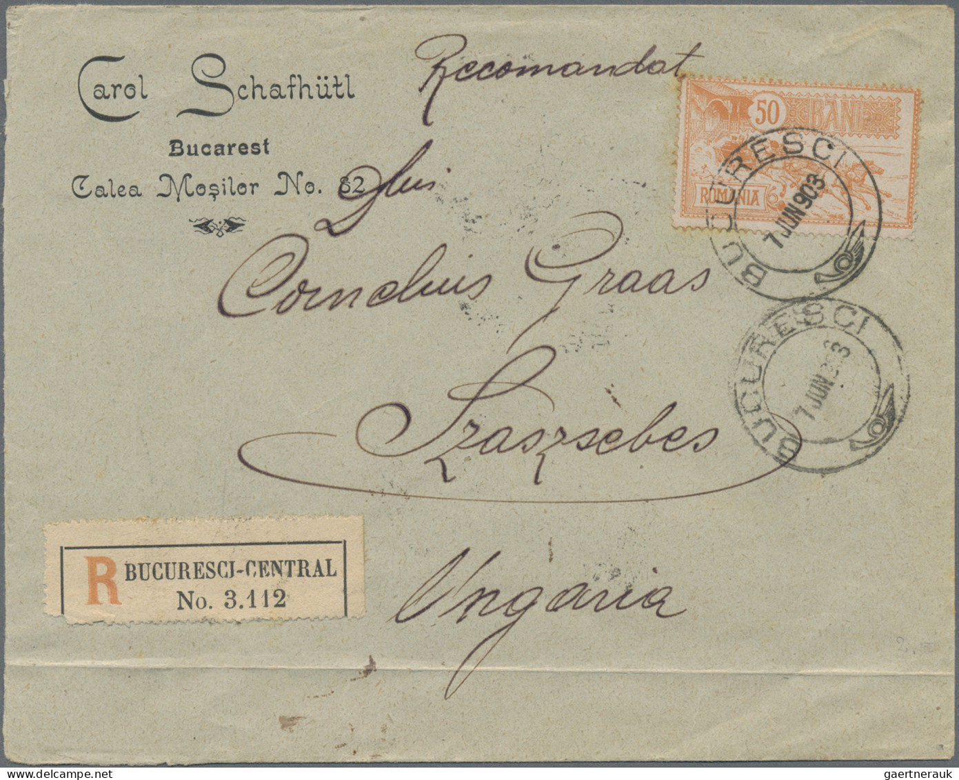Romania: 1903, Post Office 50b. Orange, Single Franking On Registered Cover From - Cartas & Documentos