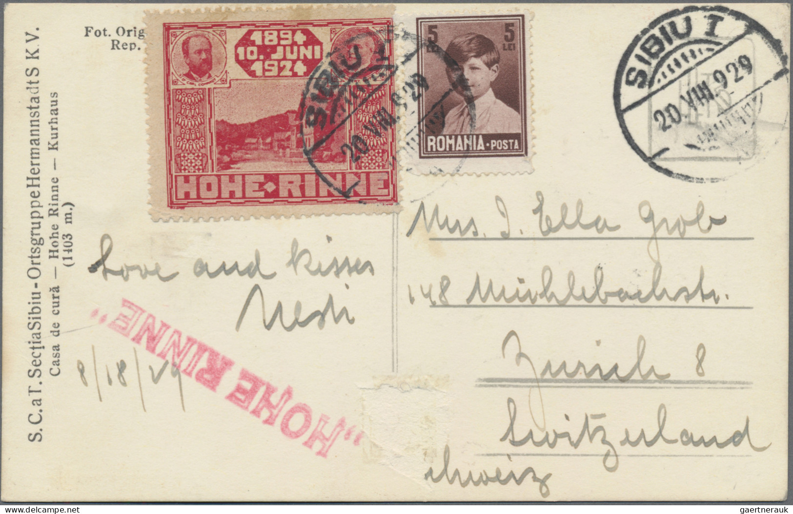 Romania - Specialities: HOHE RINNE HOTEL POST: 1924, 1 Leu Red "1894-1924" Stamp - Autres & Non Classés