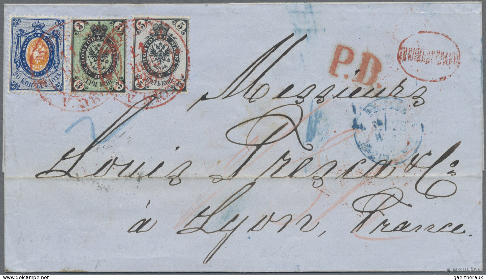 Russia: 1869 Entire From Moscow To Lyon Via Prussia, Franked By 1866 3k., 5k. An - Briefe U. Dokumente