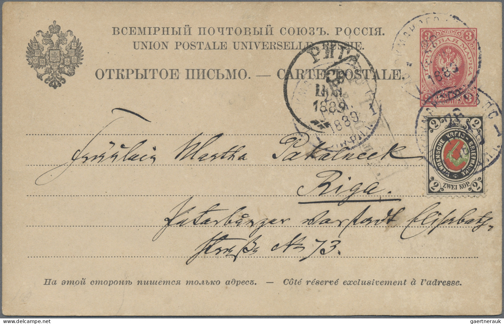 Russia: 1886, 2 K. Kreiswappen Als ZuF Auf Russ. 3 K. GA-Karte Nach Riga, Sehr S - Andere & Zonder Classificatie