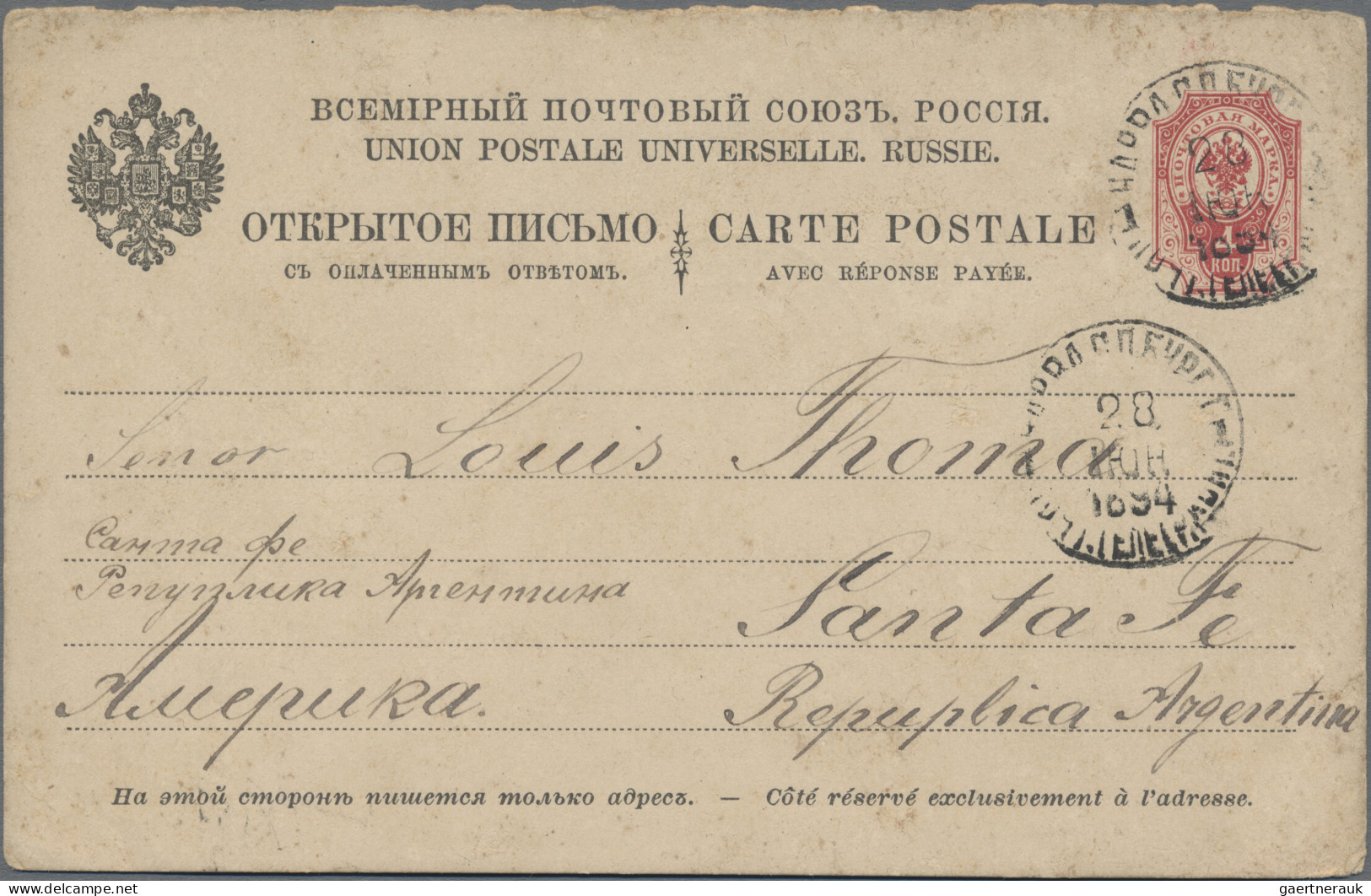 Russia - Postal Stationary: 1893/1913 Destination ARGENTINA: Four Postal Station - Stamped Stationery