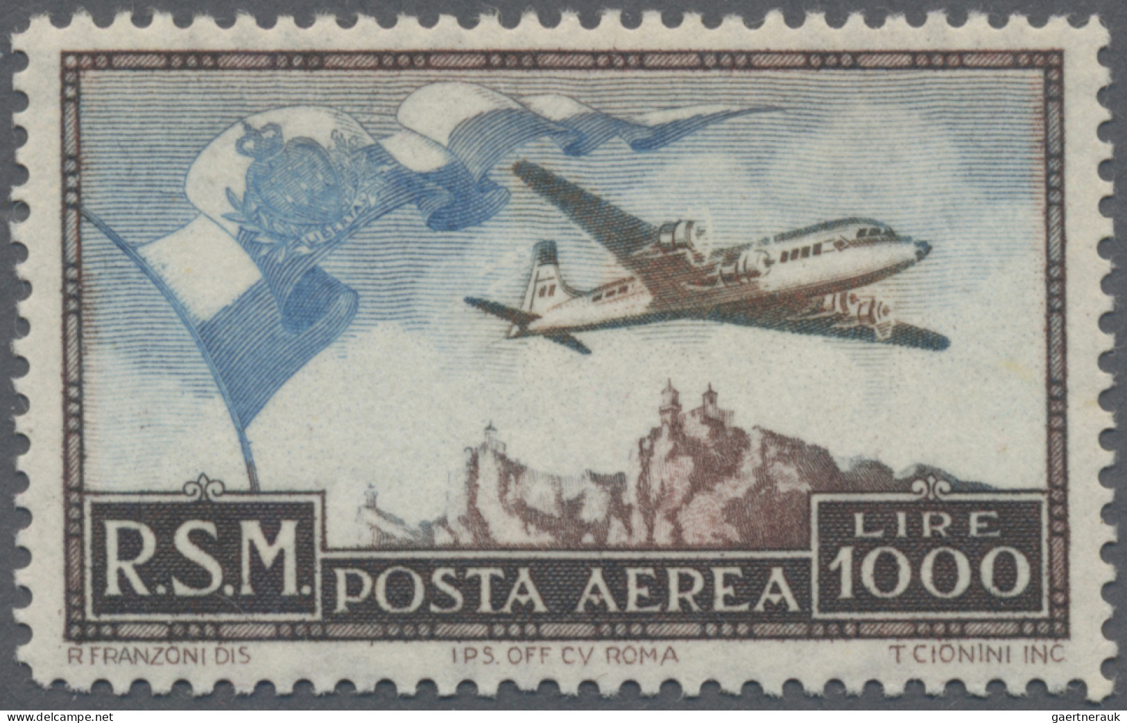 San Marino: 1951, 1000 L Flight Post Stamp, Mint Never Hinged, (Mi€ 700,-). - Ungebraucht