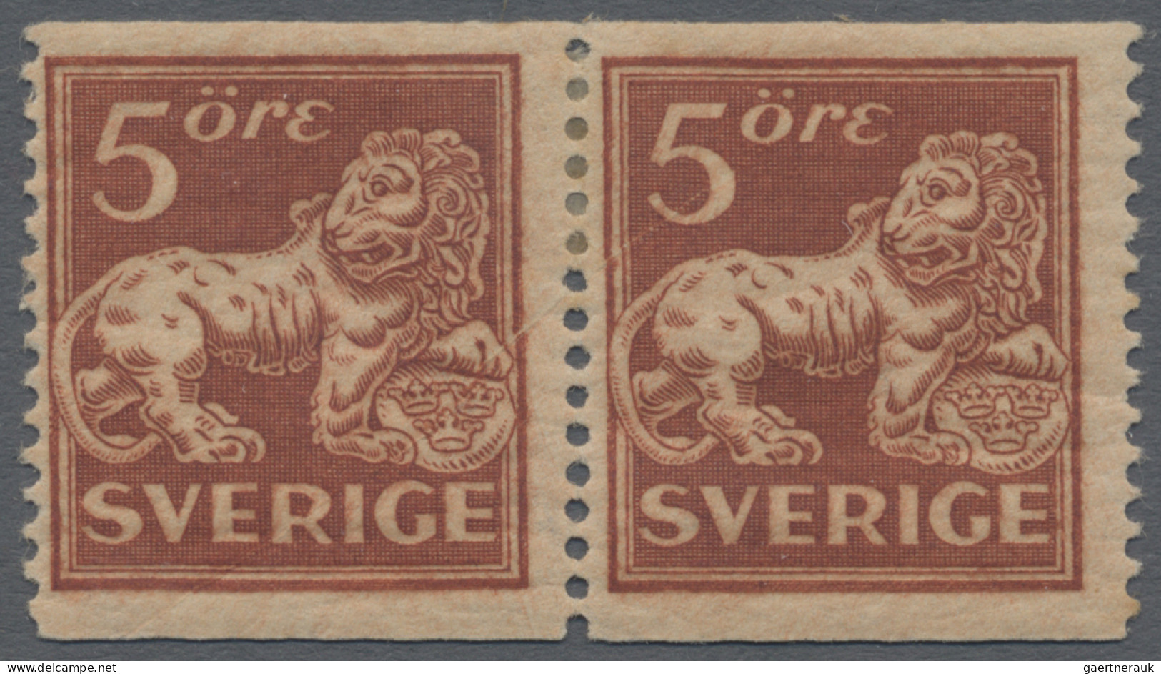 Sweden: 1921 'Lion' 5 øre Brown-red, Type II, No Watermark, Perf 13 Vertically, - Neufs