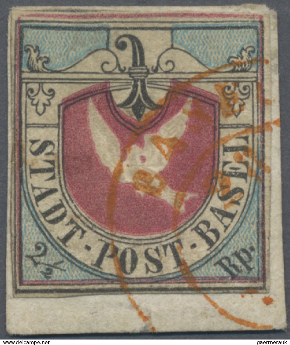 Schweiz - Basel: 1845 "Basler Taube" 2½ Rp. Schwarz/lebhaftblau/karmin, Verwende - 1843-1852 Kantonalmarken Und Bundesmarken