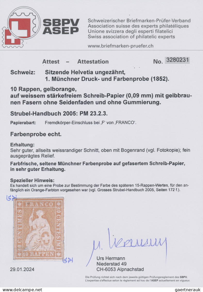 Schweiz: 1852, Strubel 1.Münchner Druck, 10 Rp. Gelborange Auf Ungummiertem Weiß - Ungebraucht