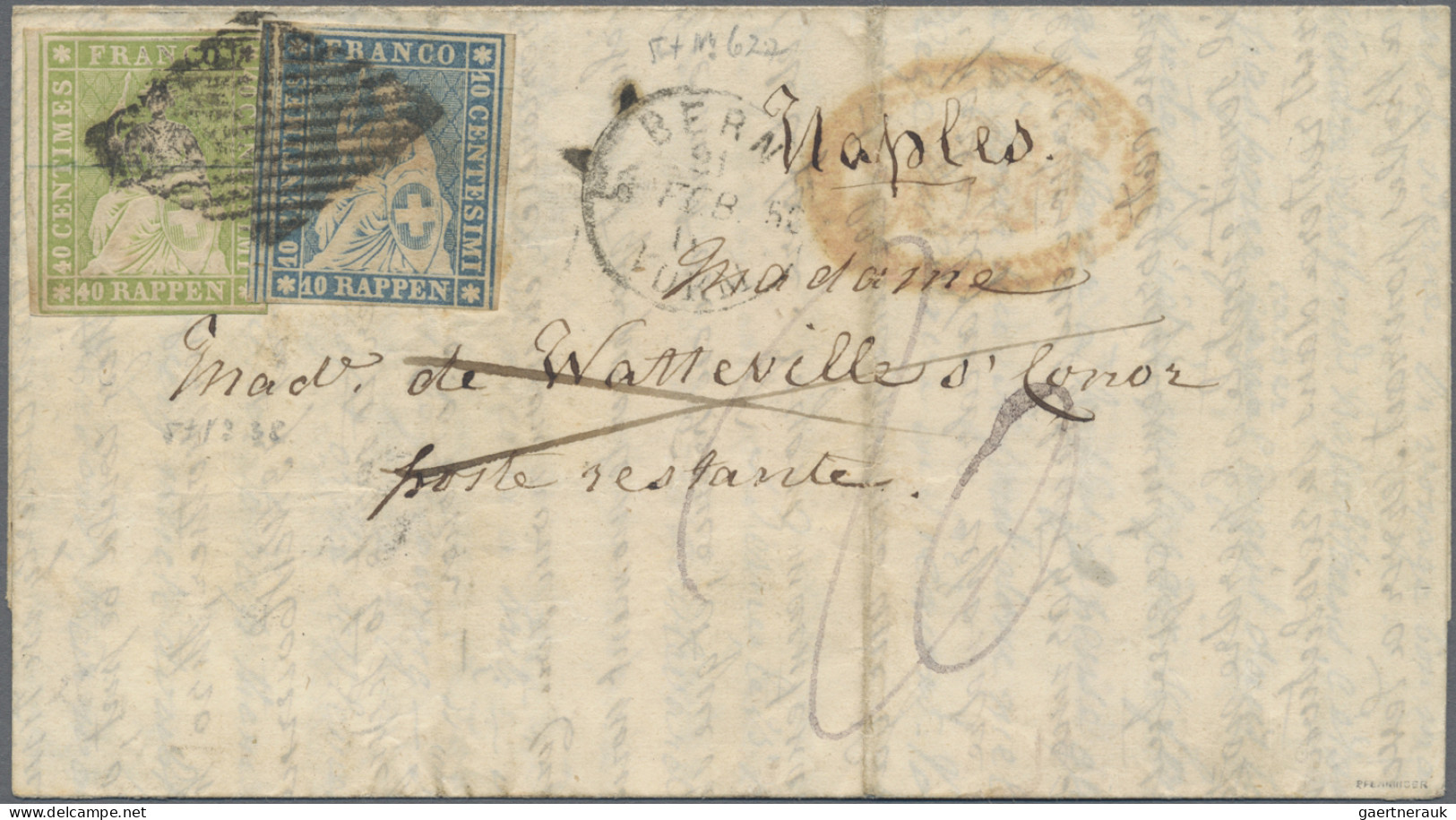 Schweiz: 1854, Strubel, 10 Rp. + 40 Rp. (1856 Bern - Milan - Bologna - Rome - Na - Briefe U. Dokumente