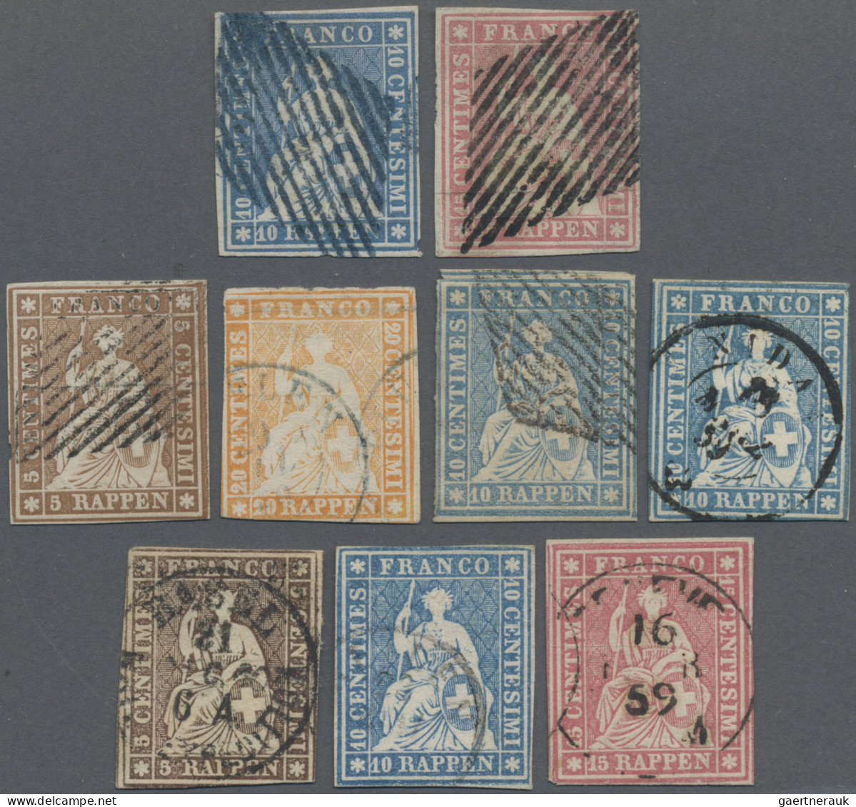 Schweiz: 1854-1861 Strubel: Partie Von 9 Marken, Von 5 Rp. Bis 20 Rp., Vom Münch - Used Stamps