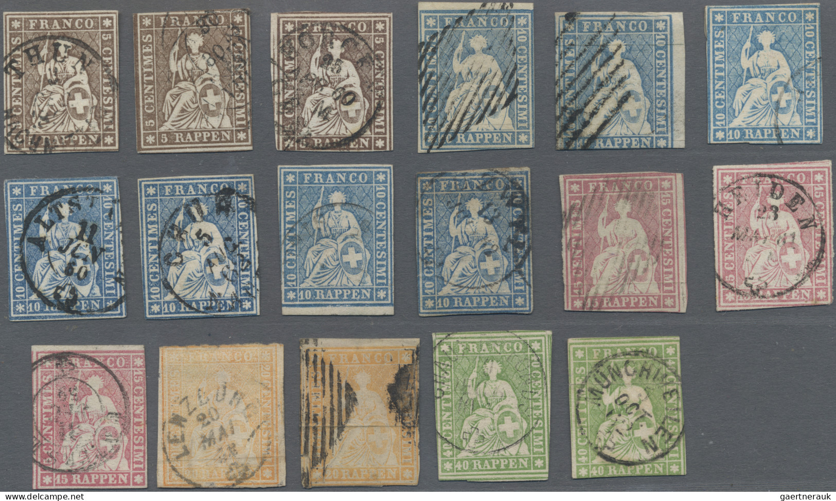 Schweiz: 1854-62 Strubel: 17 Gestempelte Marken, Von 5 Bis 40 Rp., Mit Farbnuanc - Usati