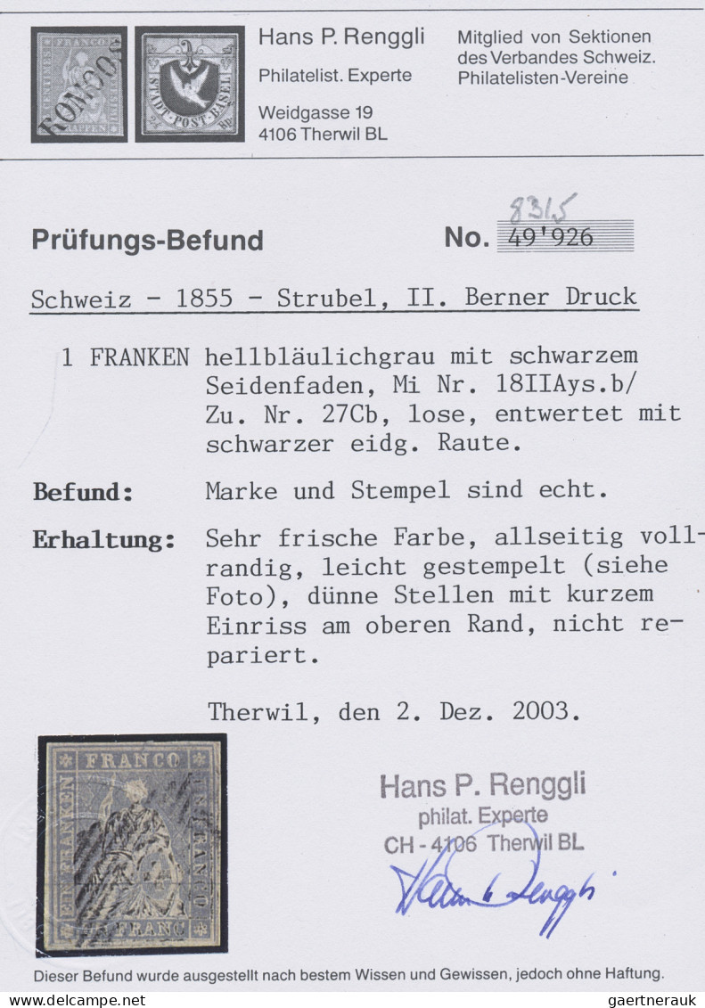 Schweiz: 1855, 1 Fr Hellbläulichgrau Mit Schwarzem Seidenfaden, Zart Entwertet M - Used Stamps
