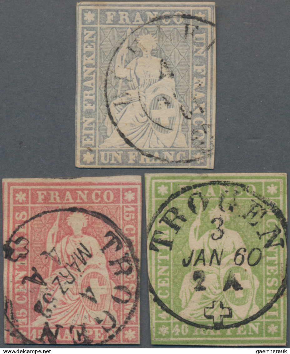 Schweiz: 1855-1860 Drei Schön Gestempelte Strubel, Dabei 1 Fr. (gelber SF) Mit L - Used Stamps
