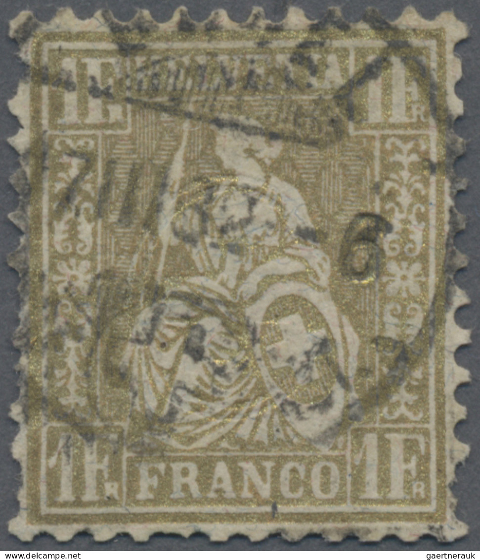 Schweiz: 1881 Sitzende Helvetia 1 Fr. Golden Auf Faserpapier, Gestempelt "BASEL - Used Stamps