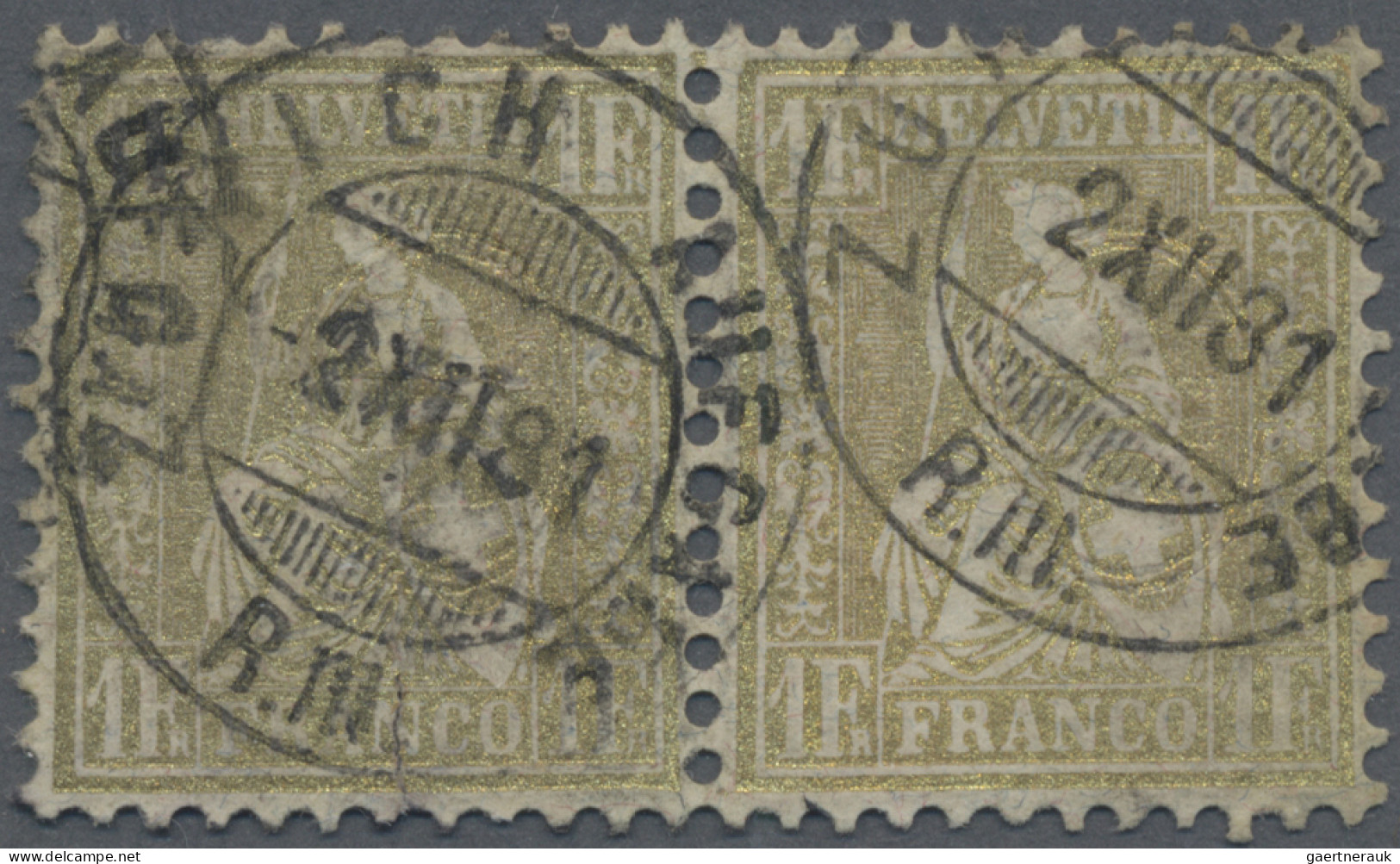 Schweiz: 1881 Sitzende Helvetia 1 Fr. Golden Auf Faserpapier, Waagerechtes Paar, - Gebraucht