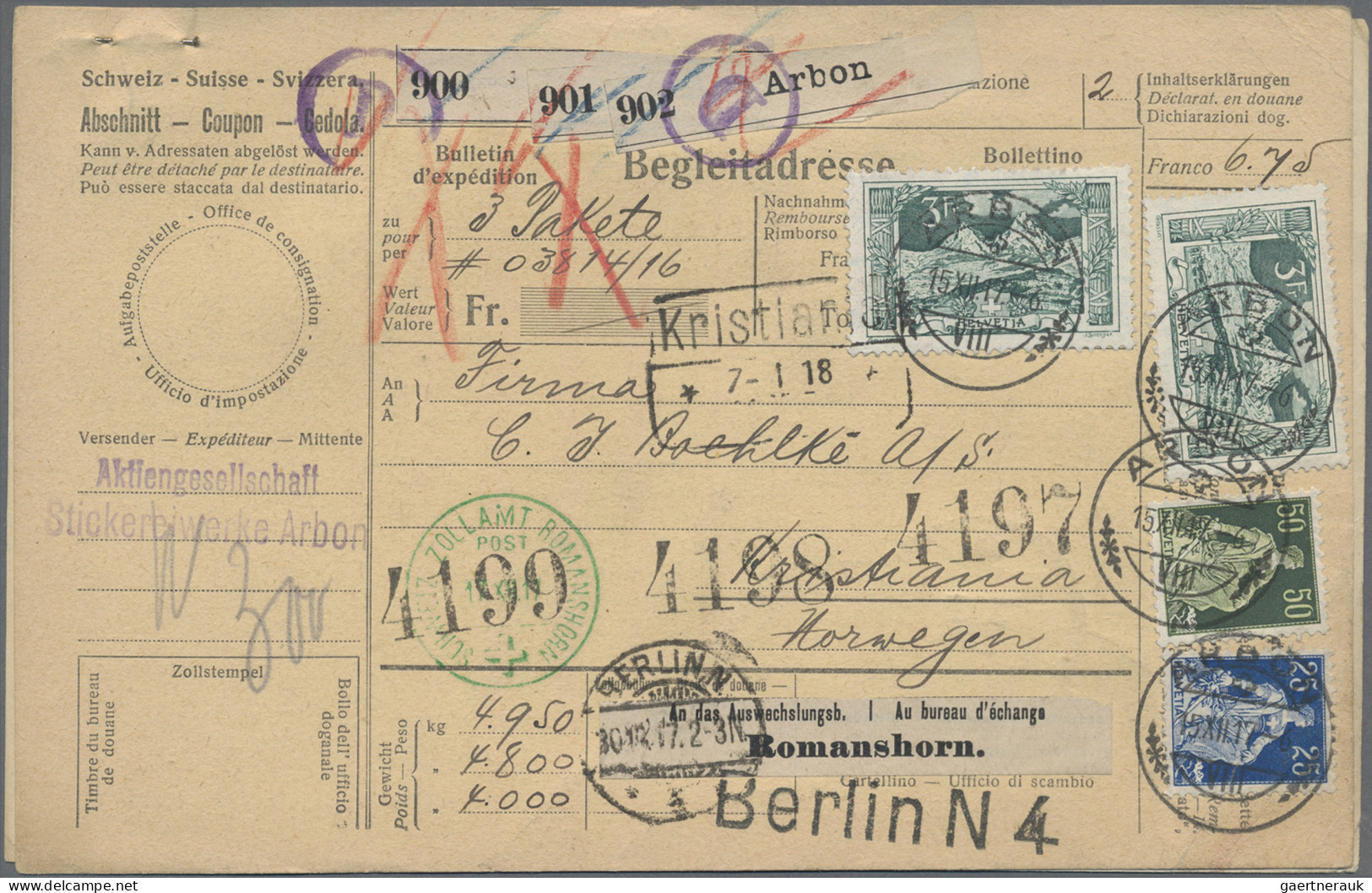 Schweiz: 1917 Paketkarte Für Drei Pakete Mit Anhängenden Inhaltserklärungen Von - Covers & Documents