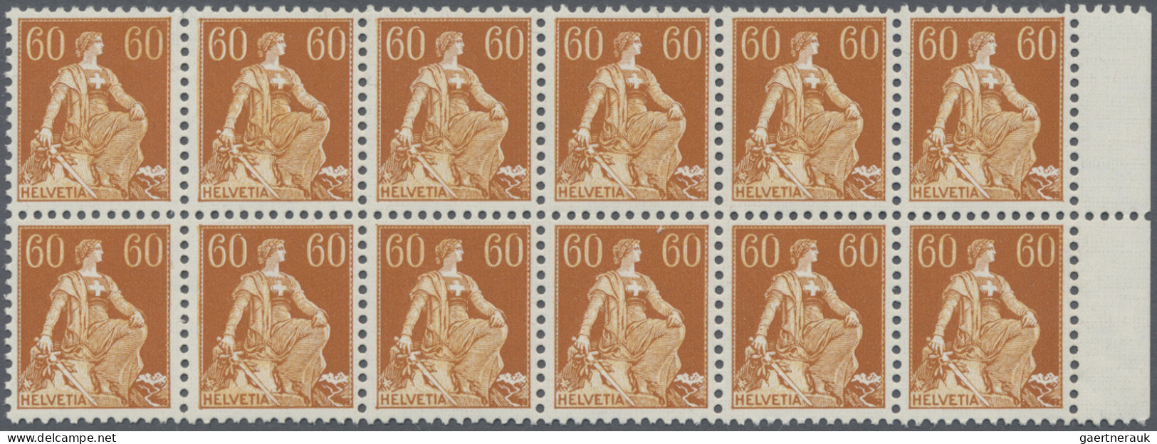 Schweiz: 1933 Helvetia 60 Rp. Auf Geriffeltem Kreidepapier, Rand-12er-Block, Tad - Neufs