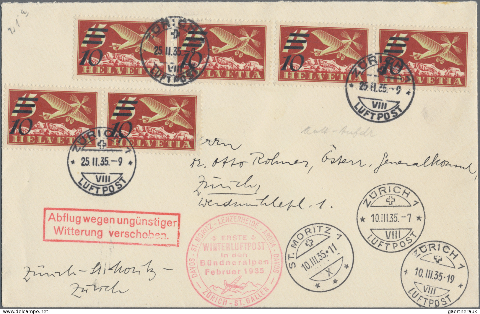 Schweiz: 1935, Flugpost 10 Auf 15 Rp. Rot/gelboliv, Drei Waagerecht Paare Als At - Storia Postale