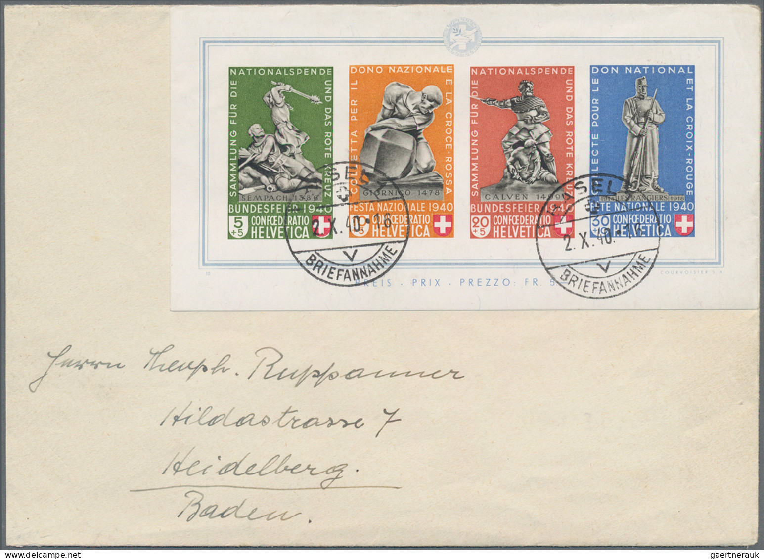 Schweiz: 1940 Pro Patria-Block Auf Brief Von Basel Nach Heidelberg, Sauber Geste - Briefe U. Dokumente