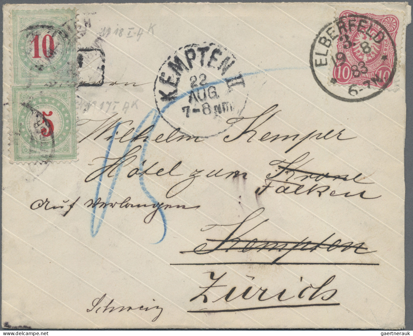 Schweiz - Portomarken: 1883-84 Vier ungenügend frankierte Briefe aus Elberfeld (