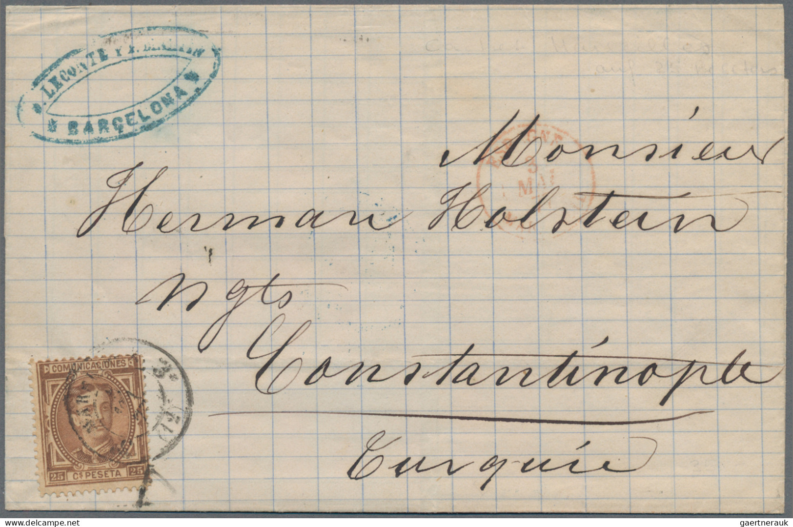 Spain: 1877 Folded Cover From Barcelona To Constantinople Dated '2 May 1877', Fr - Briefe U. Dokumente