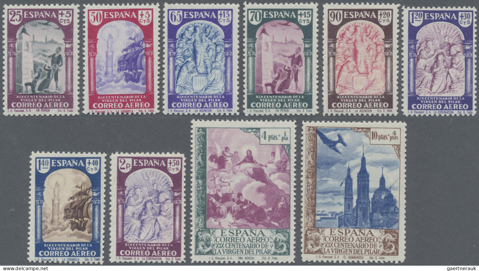 Spain: 1940, Virgin Of Pilar, Airmail Stamps 25c.-10pts., Complete Set Of Ten Va - Ungebraucht