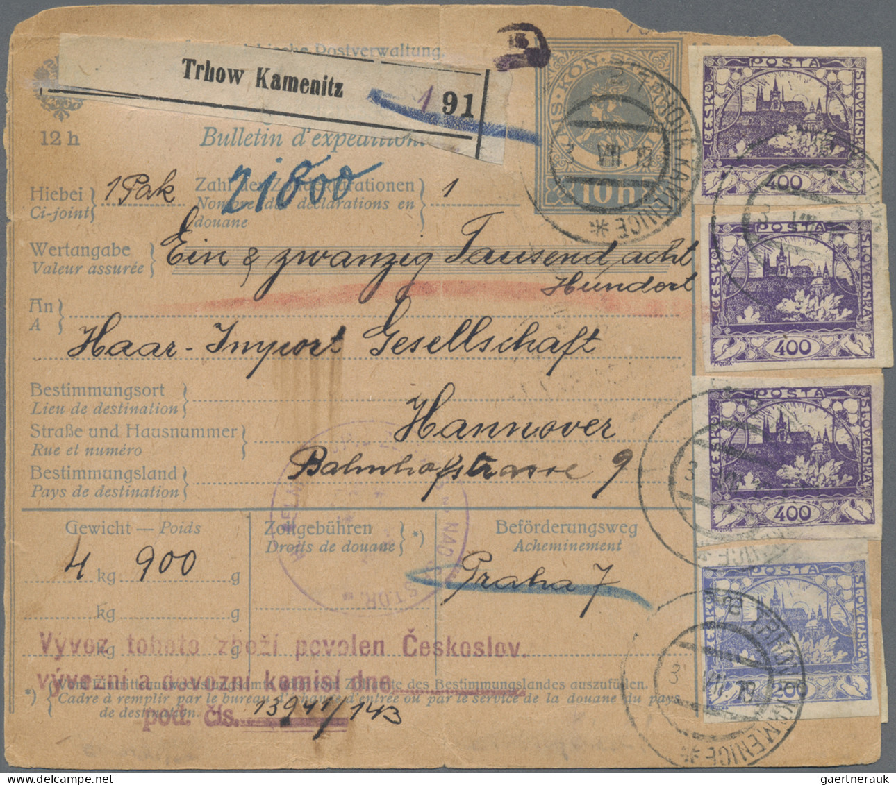 Czechoslowakia: 1919, Hradcany 200h. Ultramarine, 400h. Violet (3), 50h. Purple - Storia Postale