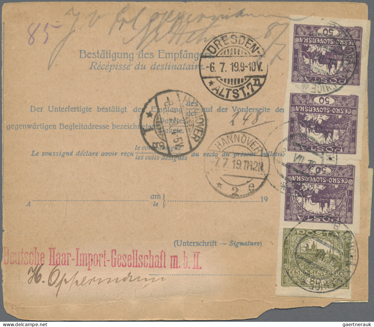 Czechoslowakia: 1919, Hradcany 200h. Ultramarine, 400h. Violet (3), 50h. Purple - Covers & Documents