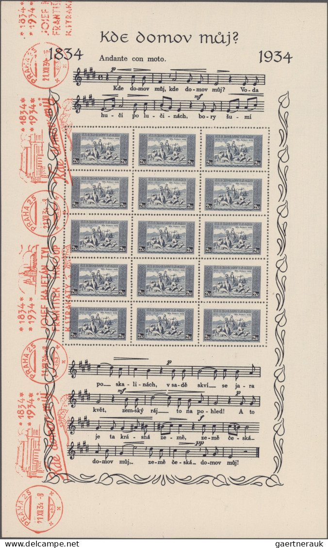 Czechoslowakia: 1934, National Anthem, 1 Kc Brown-lilac And 2 Kc Blue On Card Pa - Oblitérés