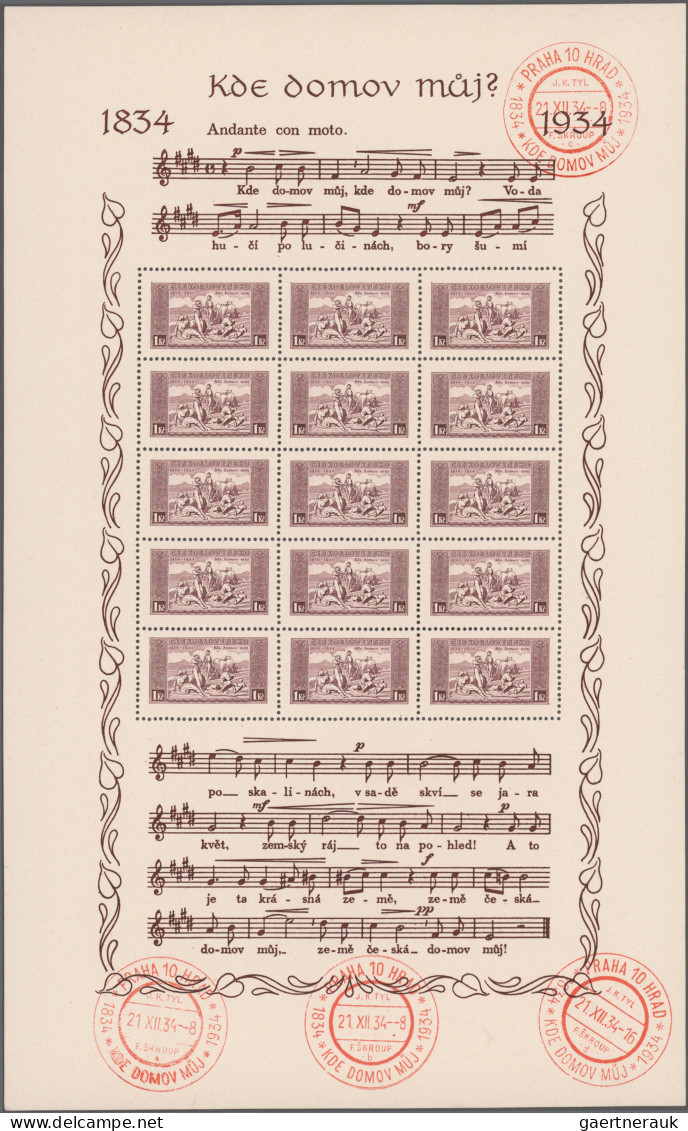 Czechoslowakia: 1934, National Anthem, 1 Kc Brown-lilac And 2 Kc Blue On Card Pa - Usati