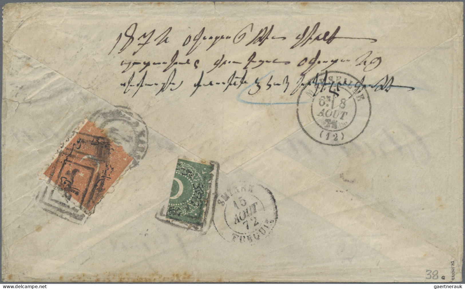 Turkey: 1868-70 Duloz 2pi. And Bisected 20pa. Green Used On Back Of Cover Sent F - Lettres & Documents