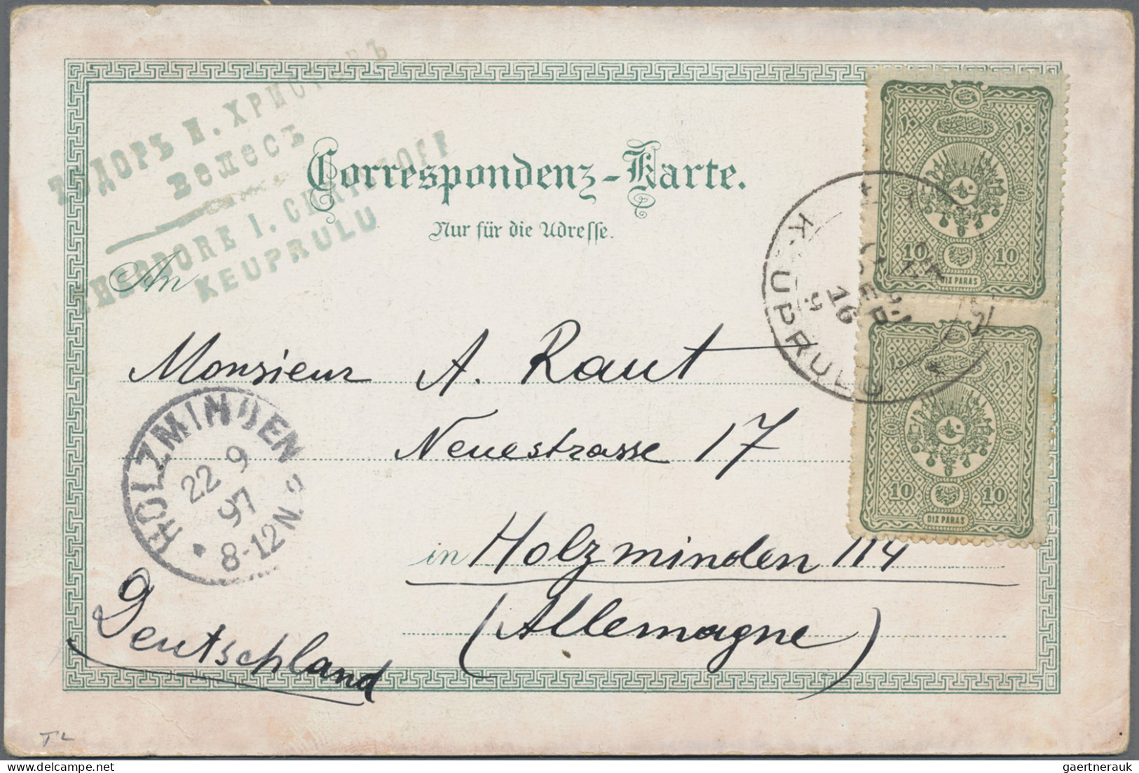 Turkey: 1897: German Post Card Franked By Two 10 Paras Grey Green (SCOTT 95) Wit - Cartas & Documentos